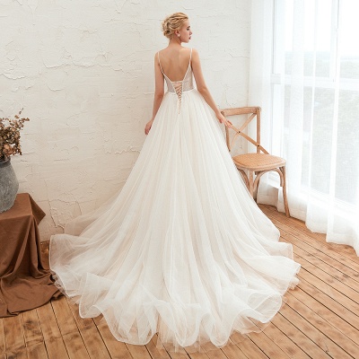 Robe de mariée élégante en tulle à encolure en V et bretelles spaghetti_4