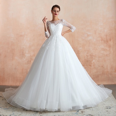 Elegant 3/4 Sleeves Aline Wedding Dress Tulle Lace Appliques Bridal Dress_6