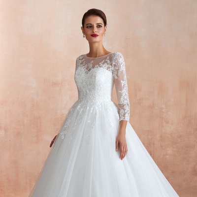 Elegant 3/4 Sleeves Aline Wedding Dress Tulle Lace Appliques Bridal Dress_7