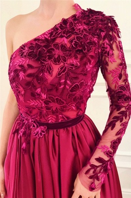 Sexy One Shoulder Front Slit Burgunder Abendkleid | Erschwingliche One Sleeve Appliques langes Abendkleid_2