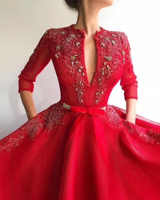 Paillettes scintillantes robe de bal rouge tulle col en v | Charmant bijou manches 3/4 appliques robe de bal longue_2