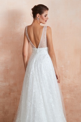 White Pearls Aline Wedding Dress Sleeveless V-Neck Bridal Dress_8