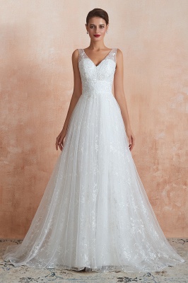 Simple V-Neck A-line Wedding Dress with Straps Tulle Floral Lace Long Dress for Bride_2