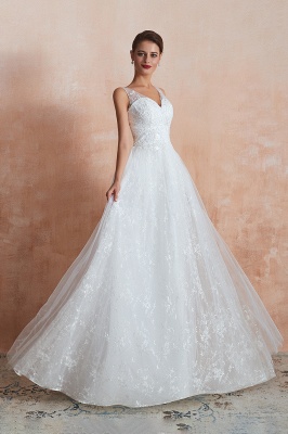 Simple V-Neck A-line Wedding Dress with Straps Tulle Floral Lace Long Dress for Bride_5
