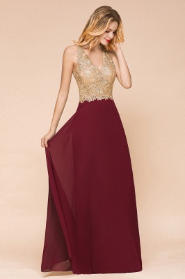 Elegant Aline Chiffon Long Evening Dress Sleeveless Gold Appliques Wedding Party Dress_5