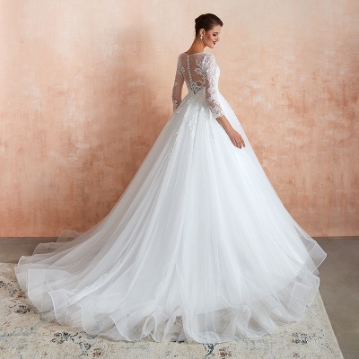 Elegant 3/4 Sleeves Aline Wedding Dress Tulle Lace Appliques Bridal Dress_8