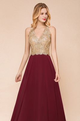 Elegant Aline Chiffon Long Evening Dress Sleeveless Gold Appliques Wedding Party Dress_11