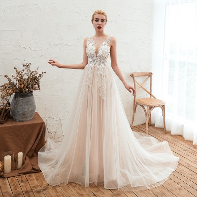 Elegant Aline Tulle Wedding Dress Scoop Neck Sleeveless Long Bridal Dress_3