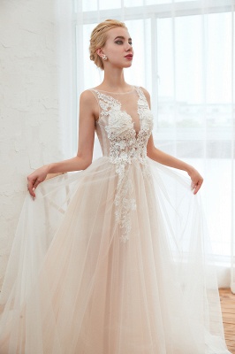 Elegant Aline Tulle Wedding Dress Scoop Neck Sleeveless Long Bridal Dress_11