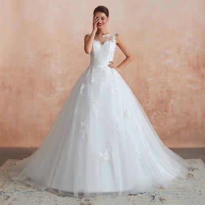 Scoop Neck Tulle Lace Appliques Wedding Dress Sleeveless Aline Bridal Dress_4