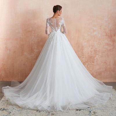 Elegant 3/4 Sleeves Aline Wedding Dress Tulle Lace Appliques Bridal Dress_9