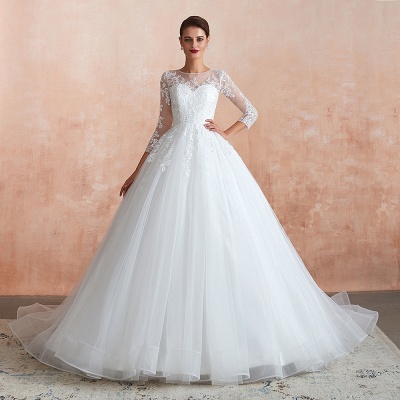 Elegant 3/4 Sleeves Aline Wedding Dress Tulle Lace Appliques Bridal Dress_1
