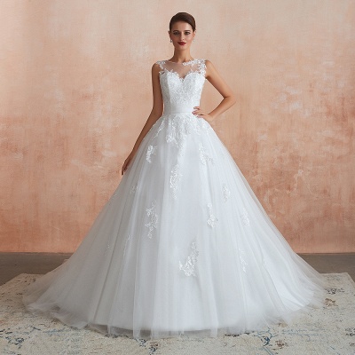 Scoop Neck Tulle Lace Appliques Wedding Dress Sleeveless Aline Bridal Dress_1