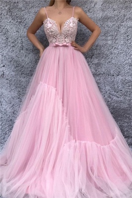 Sexy Spaghetti Straps V Neck Pink Prom Dress | Chic Lace Bodice   Long Prom Dress with Sash_1