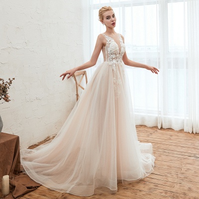 Elegant Aline Tulle Wedding Dress Scoop Neck Sleeveless Long Bridal Dress_7