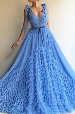 Sexy Tulle Deep V Neck Blue Prom Dress | Chic Sleeveless Layers Long Prom Dress with Sash_1
