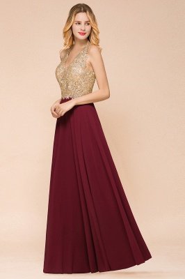 Elegantes Aline Chiffon Langes Abendkleid Ärmelloses Goldapplikationen Hochzeitskleid_12