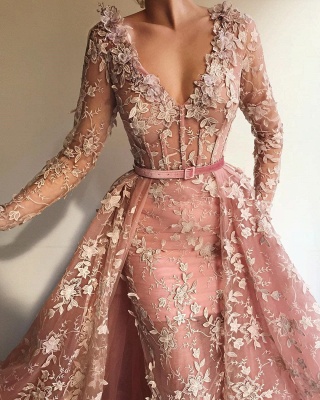 Sexy See Through Tulle Pink Long Sleeves Prom Dress | Charming Mermaid V Neck Appliques Long Prom Dress_2
