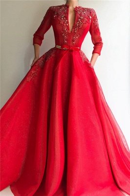 Lentejuelas brillantes tul rojo con cuello en v vestido de fiesta rojo | Vestido de fiesta largo con apliques de mangas 3/4 con encanto joya_1