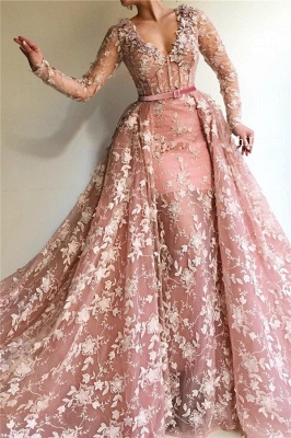 Sexy See Through Tulle Pink Long Sleeves Prom Dress | Charming Mermaid V Neck Appliques Long Prom Dress_1