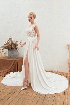 Scoop Neck Sleeveless Side Split Wedding Dress with Floral Lace Appliques_8