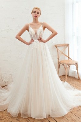 Stylish Spaghetti Straps Deep V-neck Tulle Wedding Dress_1