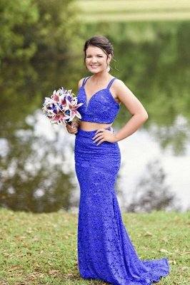 Stylish Spaghetti Straps Beading Prom Dress | Sexy Lace V Neck Royal Blue Prom Dress_1