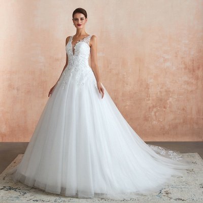 White Floral Lace Wedding Dress V-NeckTulle Aline Bridal Dress_4