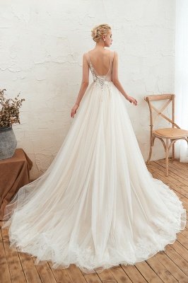 Chic V-Neck Straps Aline Wedding Dress Floral Pattern Garden Bridal Dress with Sweep Train_3
