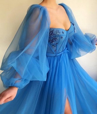 Robe de bal sexy à manches longues et longue encolure en cœur | Robe de bal longue bleue fendue devant_2