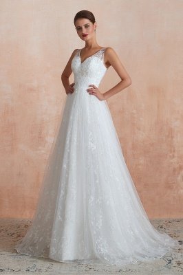Einfaches A-Linien-Hochzeitskleid mit V-Ausschnitt und Trägern, Tüll, Blumenspitze, langes Kleid für die Braut_7