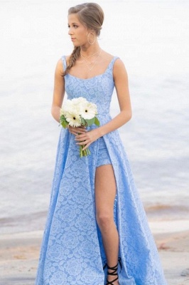 Exquisite Straps Sleeveless Prom Dress | Sexy Front Slit Lace Long Prom Gown_2