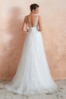 White Pearls Aline vestido de novia sin mangas con cuello en V vestido de novia_3