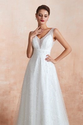 Weiße Perlen Aline Brautkleid Ärmelloses Brautkleid mit V-Ausschnitt_7