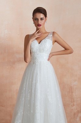 Einfaches A-Linien-Hochzeitskleid mit V-Ausschnitt und Trägern, Tüll, Blumenspitze, langes Kleid für die Braut_9