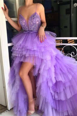 Sexy Hi-Lo Deep V Neck Sleeveless Prom Dress |   Spaghgtti Straps Appliques  Prom Dress_1