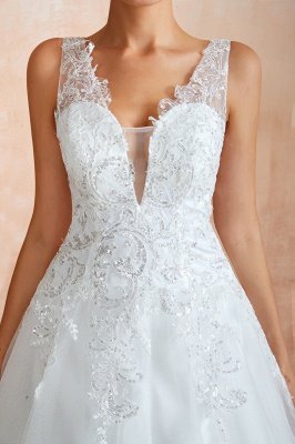 White Floral Lace Wedding Dress V-NeckTulle Aline Bridal Dress_12