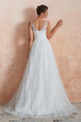 Einfaches A-Linien-Hochzeitskleid mit V-Ausschnitt und Trägern, Tüll, Blumenspitze, langes Kleid für die Braut_3