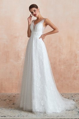 White Pearls Aline vestido de novia sin mangas con cuello en V vestido de novia_6