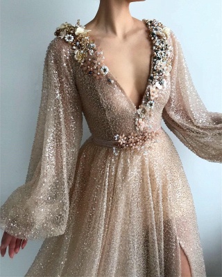 Sparkle Sequins Long Sleeves Prom Dress | Sexy V Neck Front Slit Long Prom Dress_2