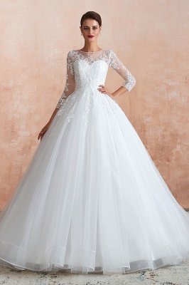 Elegant 3/4 Sleeves Aline Wedding Dress Tulle Lace Appliques Bridal Dress_2