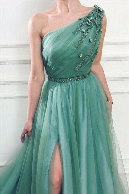 Glamouröses One-Shoulder-Kleid aus grünem Tüll mit Perlenstickerei | Sexy Front Slit Langes Abendkleid mit Perlen Schärpe_2