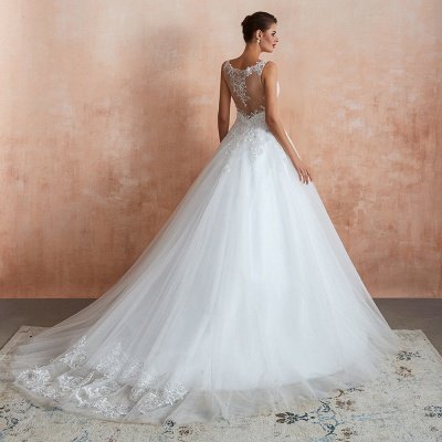 White Floral Lace Wedding Dress V-NeckTulle Aline Bridal Dress_6