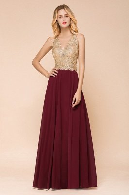 Elegant Aline Chiffon Long Evening Dress Sleeveless Gold Appliques Wedding Party Dress_4