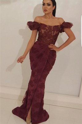 Glamorous Off the Shoulder Lace Prom Dress | Charming Mermaid Front Slit Long Prom Dress_1