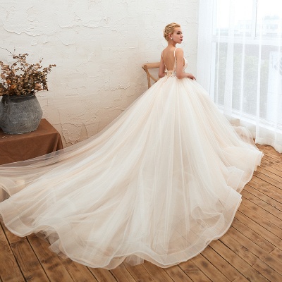 Robe de mariée trapèze en tulle à col en V profond avec bretelles spaghetti_9