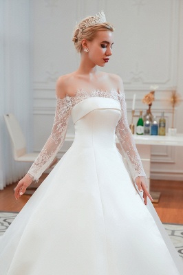 Hermoso vestido de novia sin tirantes de raso Aline con diseño de cordones de manga larga_8