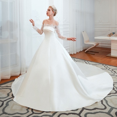 Beautiful Strapless Satin Aline Wedding Dress with Long Sleeves Lace-up Design_5