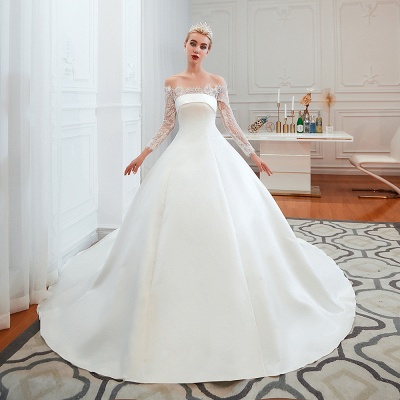 Beautiful Strapless Satin Aline Wedding Dress with Long Sleeves Lace-up Design_1