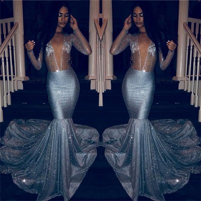 2021 Glamorous Deep V Neck Prom Dresses | Günstige Mermaid Crystal Langarm Partykleider_2